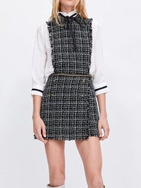 ZARA XS Black White Tweed Skort Romper Boucle Style